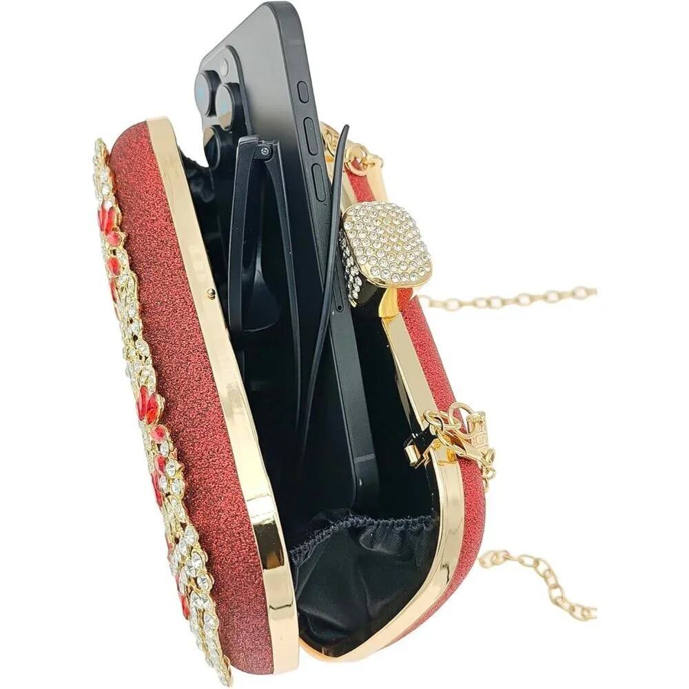 Women's Glitter Rhinestone Clutch Bag Evening Bridal Crossbody with Chain